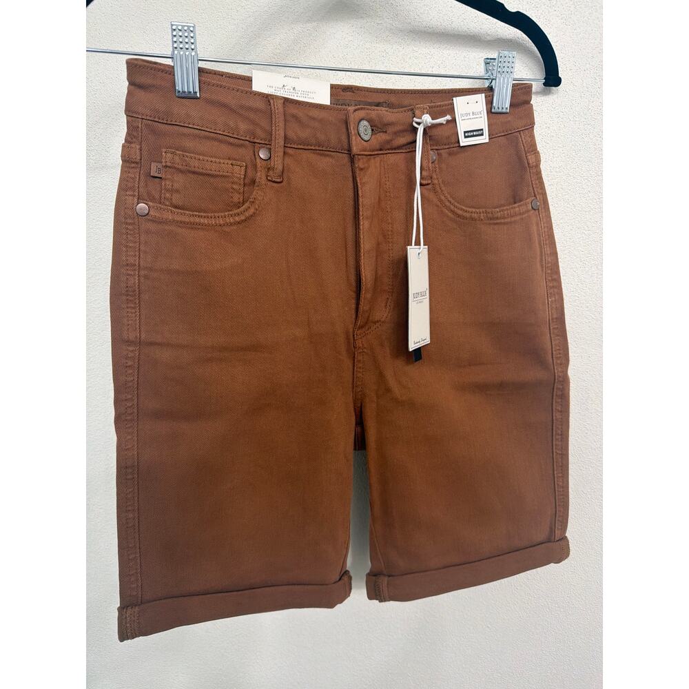 Judy Blue High Waist Tummy Control Cuffed Denim Bermuda Brown Shorts Size Medium